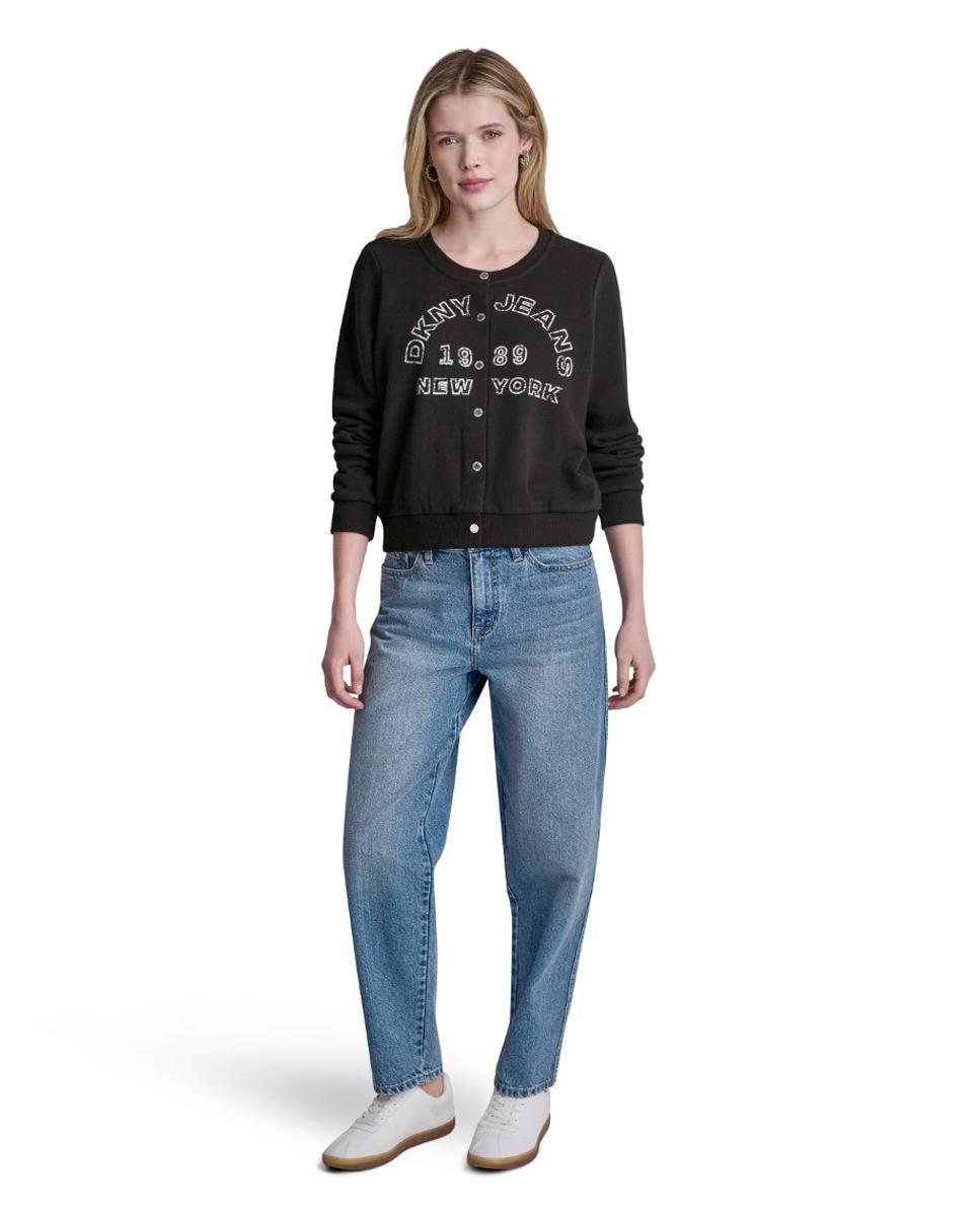 Sweatshirt Tipo Casaco com Fecho de Botões e Detalhe de Logótipo Impresso Preto-2