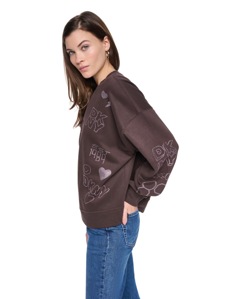 Sweatshirt de Decote Redondo com Detalhe de Grafitti de Brilhantes Castanho-escuro-2