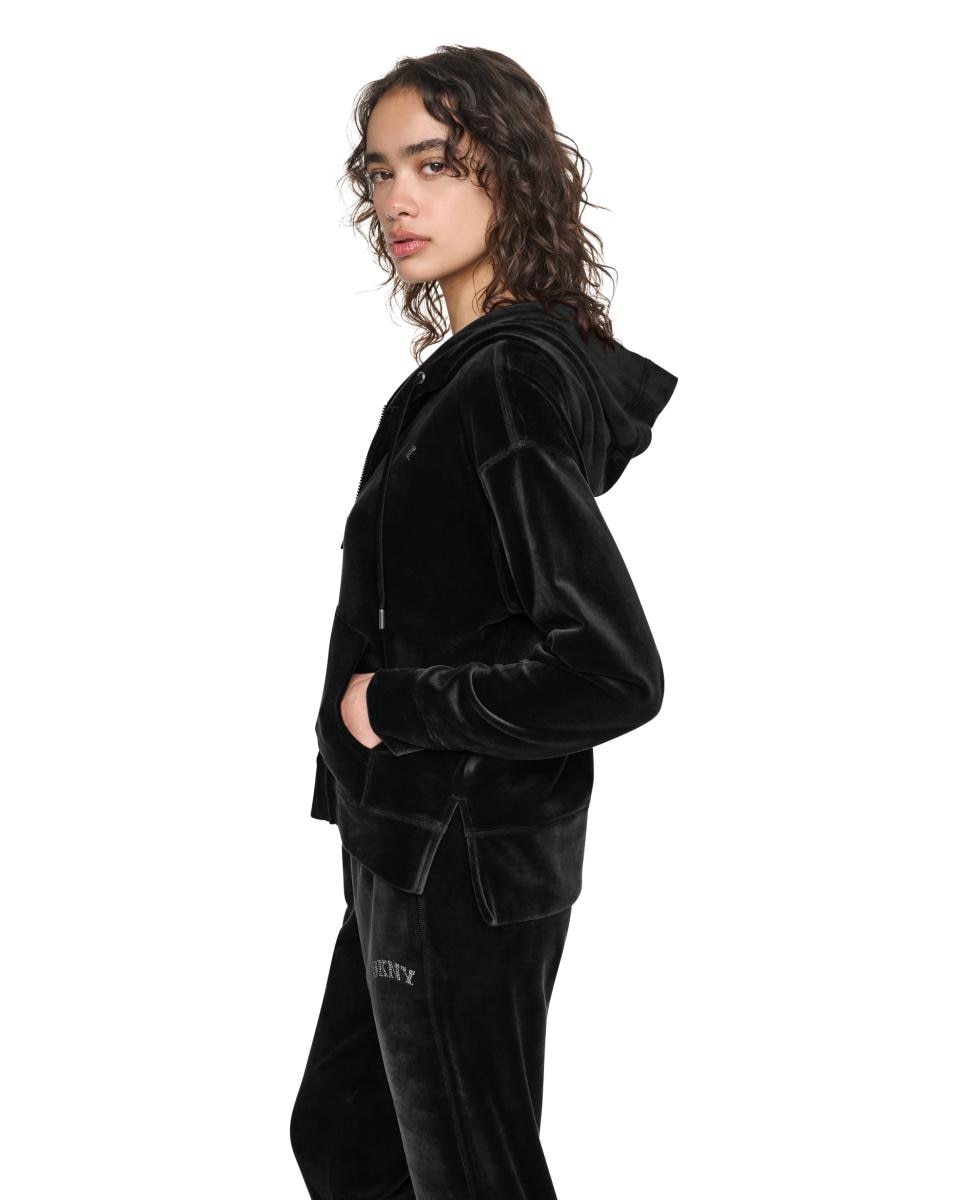 Sweatshirt com Fecho de Correr, Capuz, Bolsos à Frente e Detalhe do Logótipo de Brilhantes Preto-2