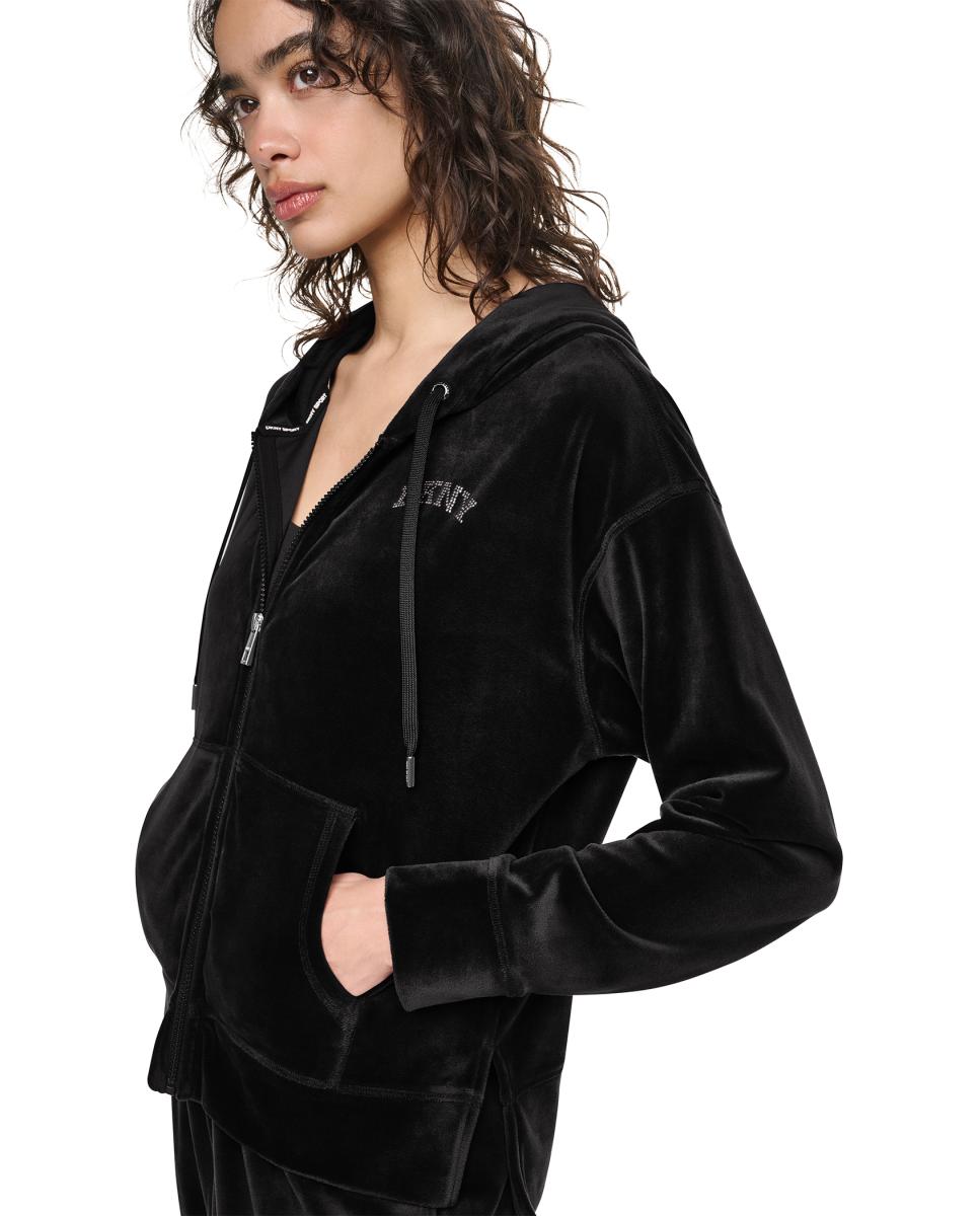 Sweatshirt com Fecho de Correr, Capuz, Bolsos à Frente e Detalhe do Logótipo de Brilhantes Preto-4