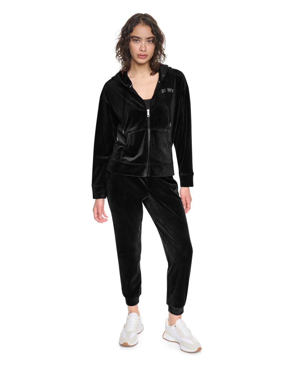 Sweatshirt com Fecho de Correr, Capuz, Bolsos à Frente e Detalhe do Logótipo de Brilhantes Preto-5