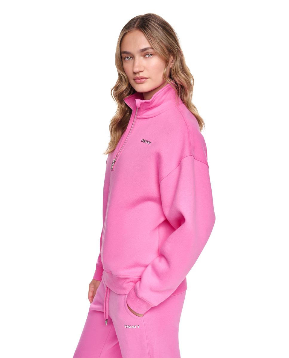Sweatshirt de Gola Alta com Fecho de Correr Tipo Polo e Logótipo Metálico Rosa-2