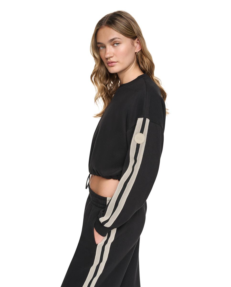 Sweatshirt Tipo Cropped com Decote Redondo, Cós Ajustável com Detalhe de Fita em Contraste nas Mangas Preto-3