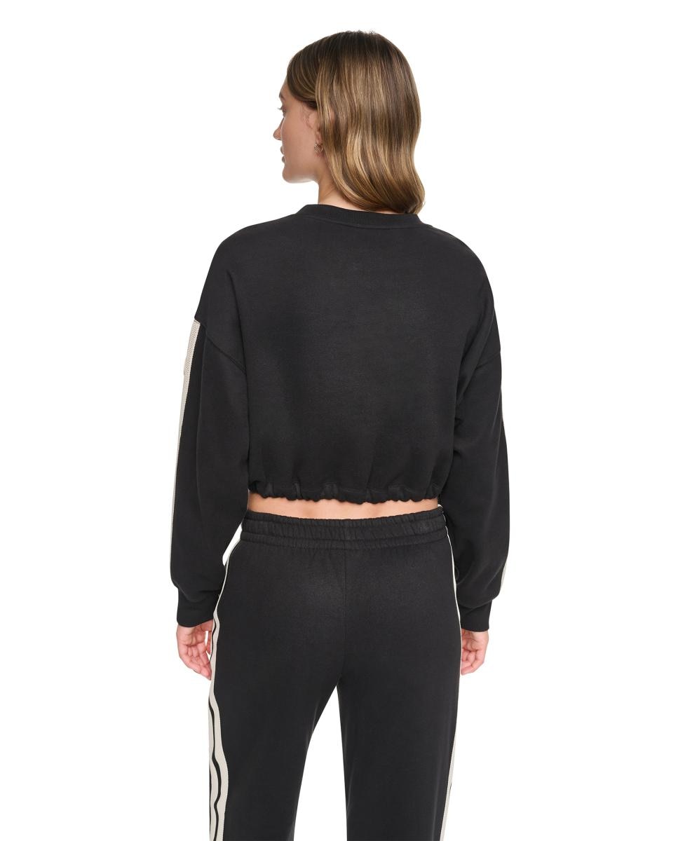 Sweatshirt Tipo Cropped com Decote Redondo, Cós Ajustável com Detalhe de Fita em Contraste nas Mangas Preto-4