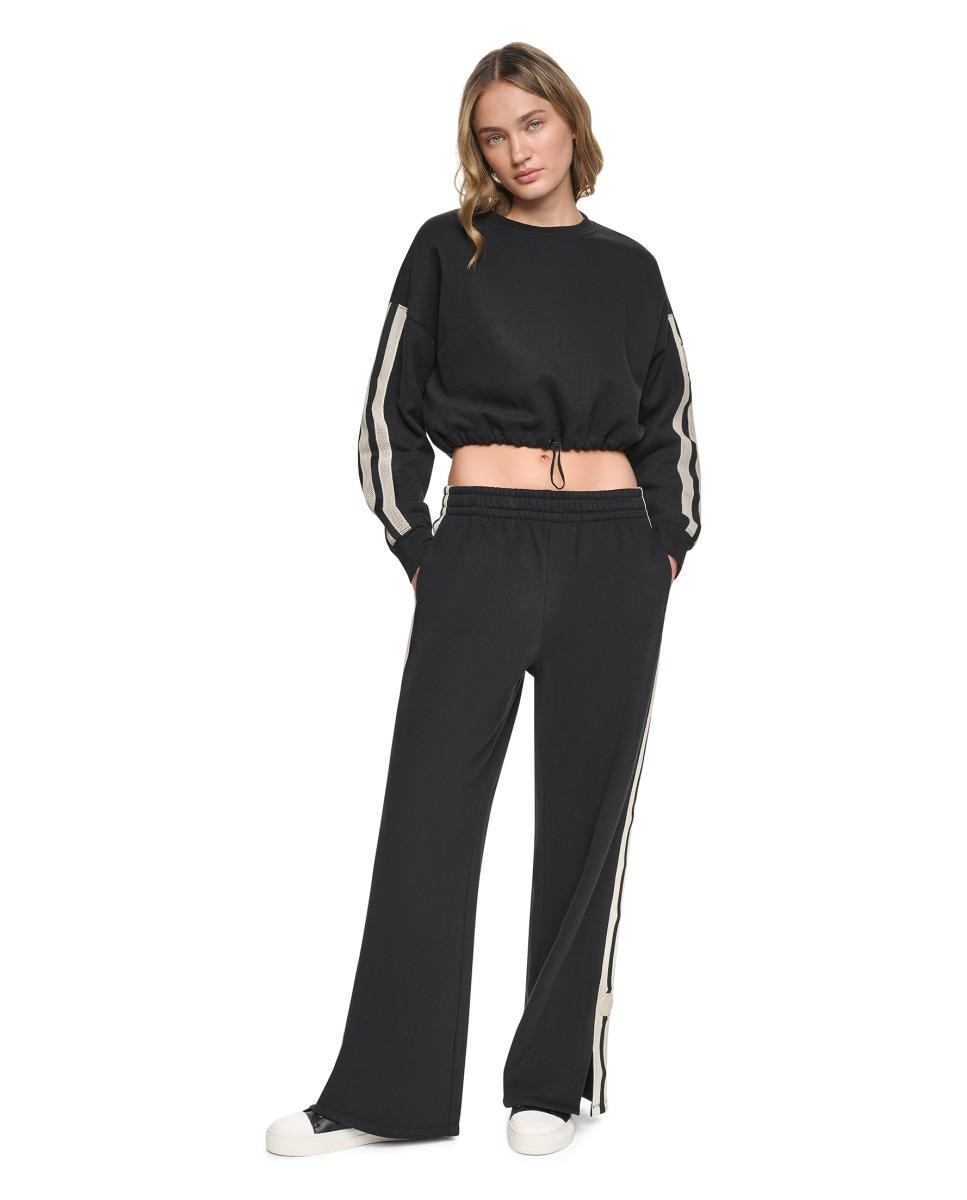 Sweatshirt Tipo Cropped com Decote Redondo, Cós Ajustável com Detalhe de Fita em Contraste nas Mangas Preto-5
