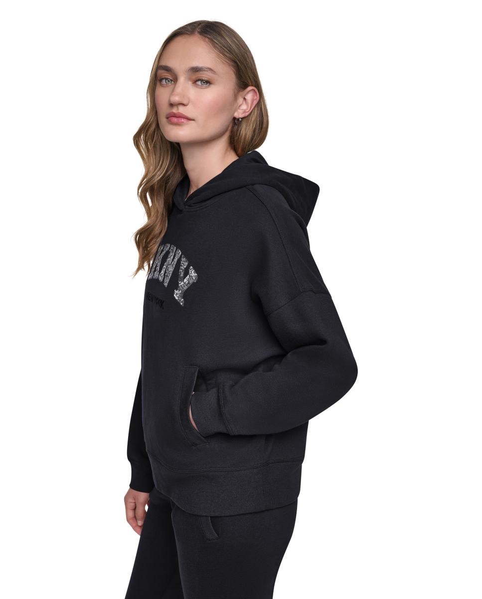 Sweatshirt com Capuz e Bolso Tipo Canguru Invisível com Logótipo de Lantejoulas Preto-2
