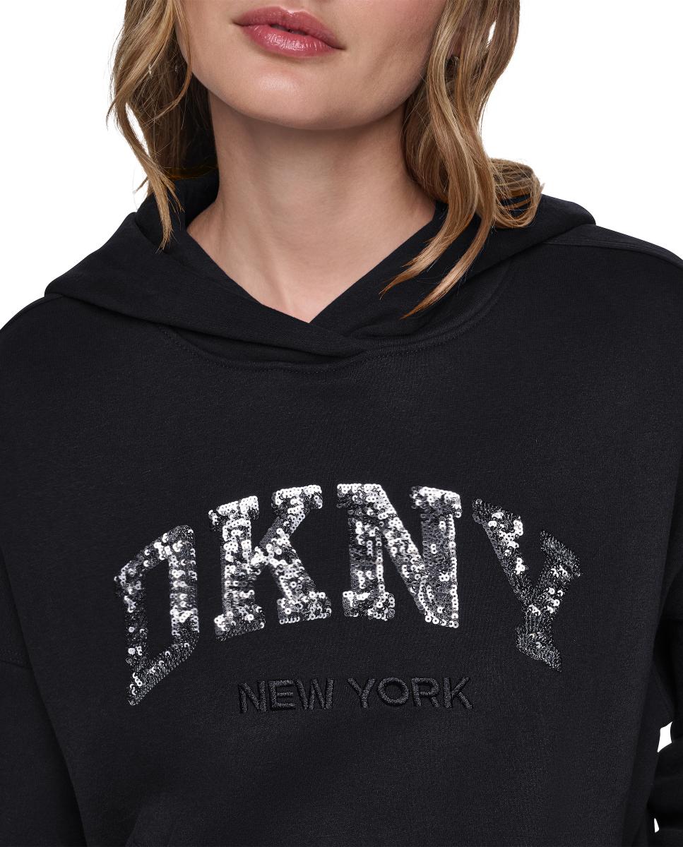 Sweatshirt com Capuz e Bolso Tipo Canguru Invisível com Logótipo de Lantejoulas Preto-4