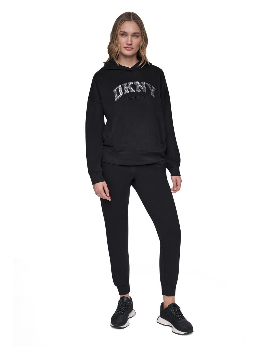 Sweatshirt com Capuz e Bolso Tipo Canguru Invisível com Logótipo de Lantejoulas Preto-5