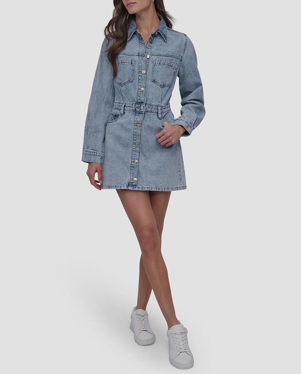 Vestido Curto de Ganga com Manga Comprida Azul-claro-1