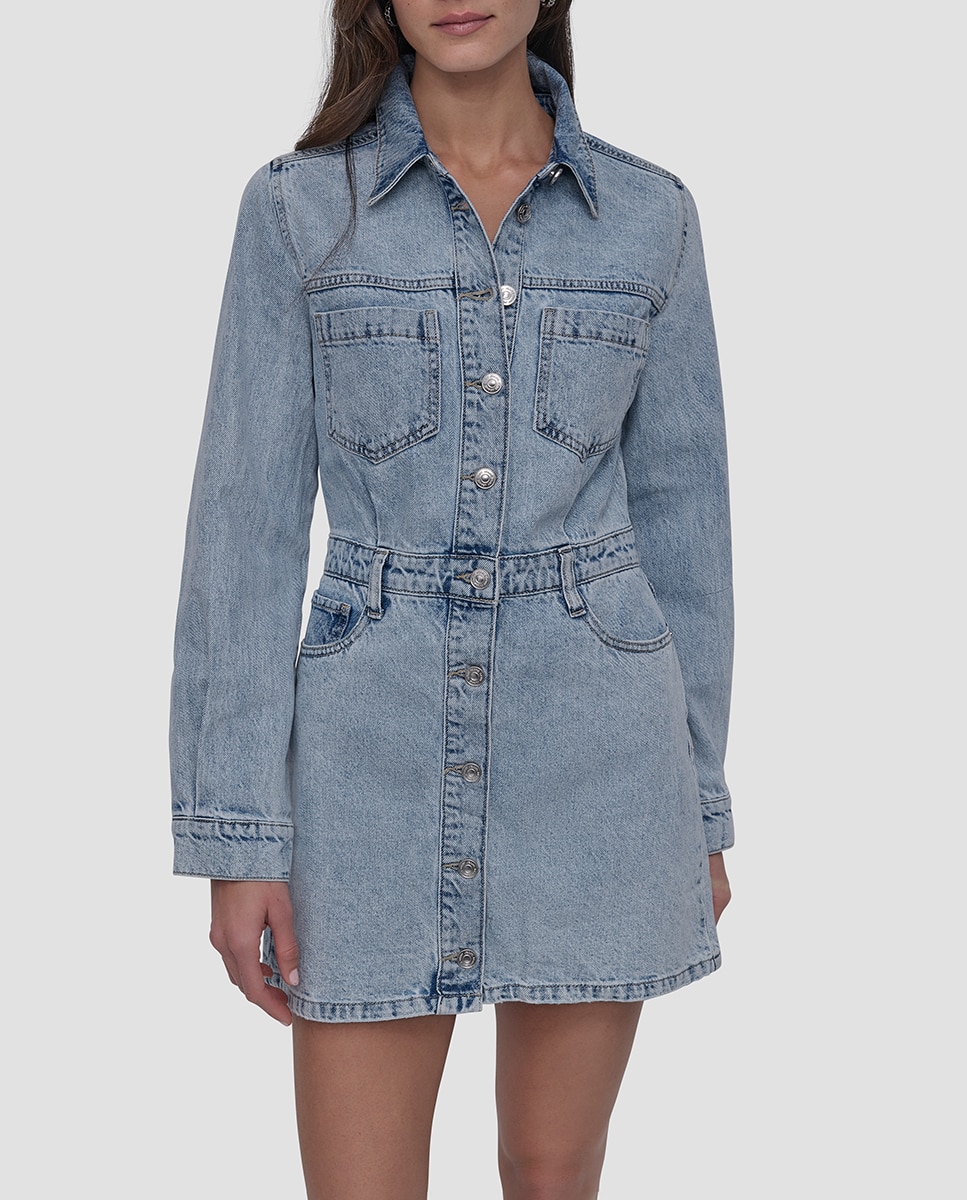 Vestido Curto de Ganga com Manga Comprida Azul-claro-2