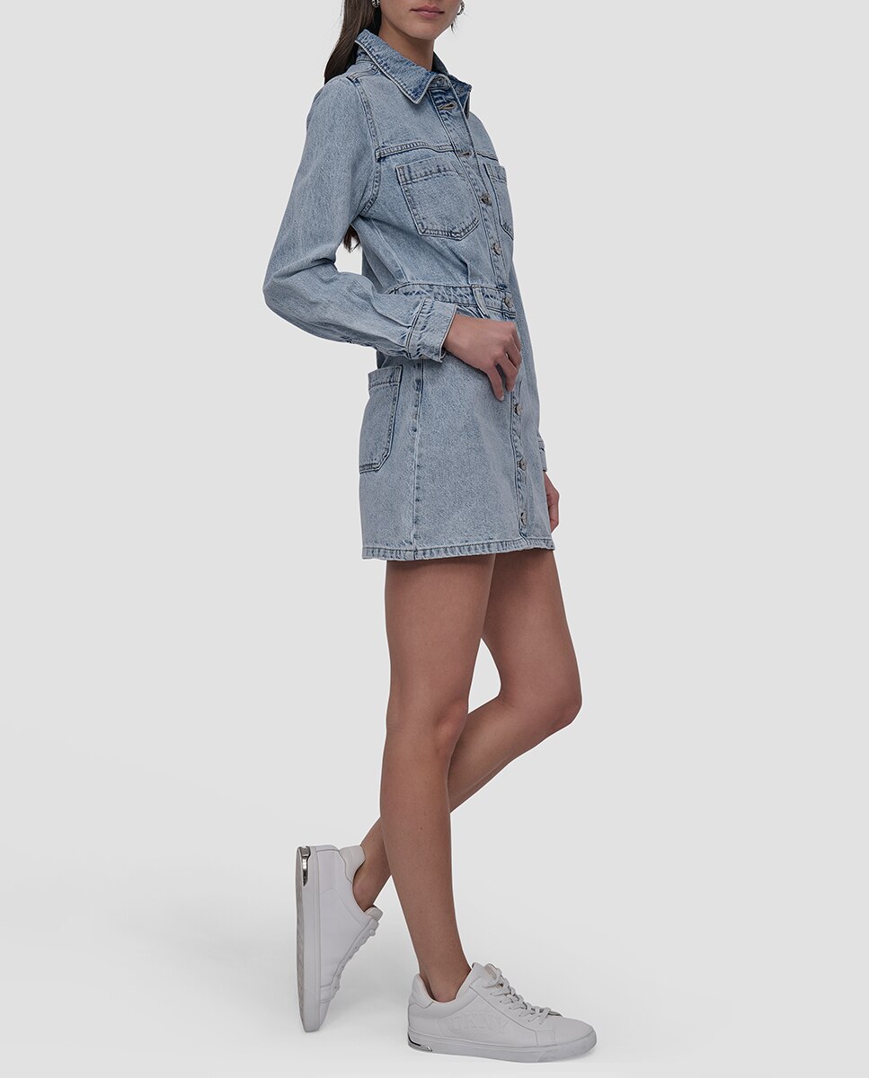 Vestido Curto de Ganga com Manga Comprida Azul-claro-3