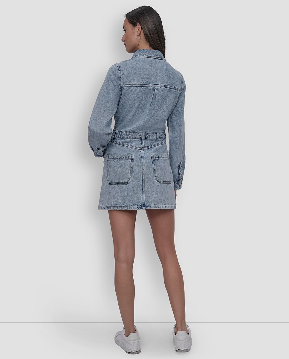 Vestido Curto de Ganga com Manga Comprida Azul-claro-5