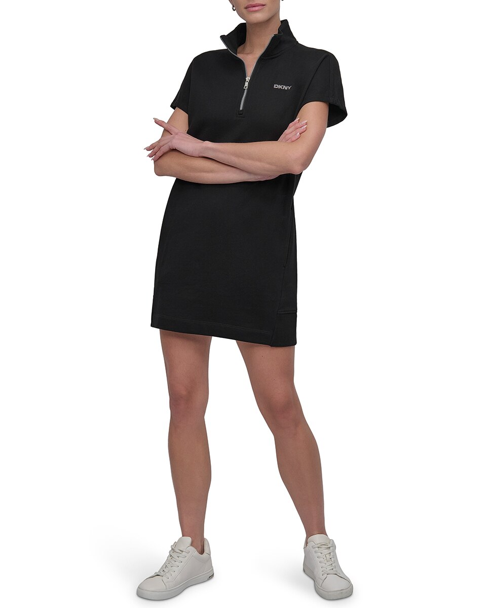 Vestido Curto Estilo Sweatshirt com Manga Curta Preto-1