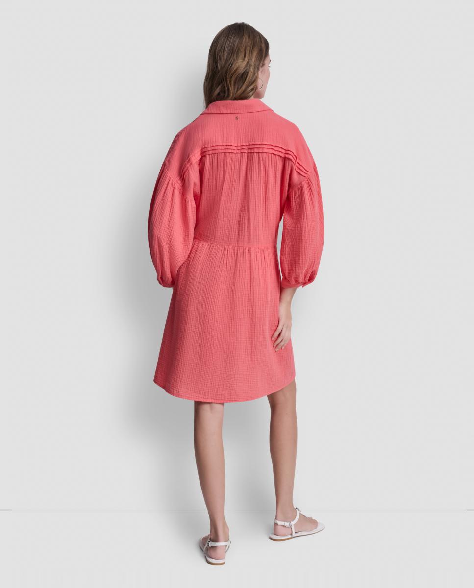 Vestido de Manga em Balão Comprida Coral-2