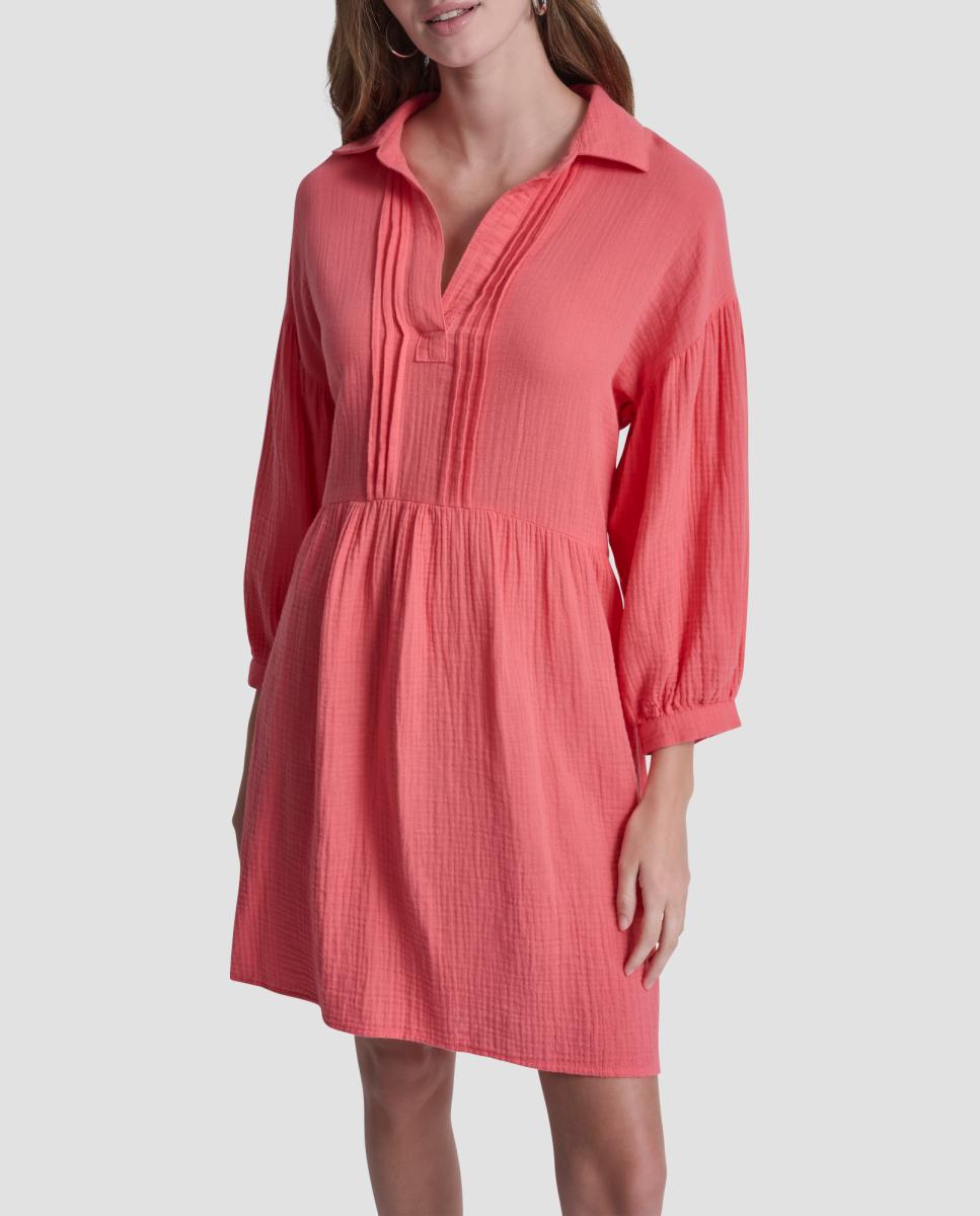 Vestido de Manga em Balão Comprida Coral-3