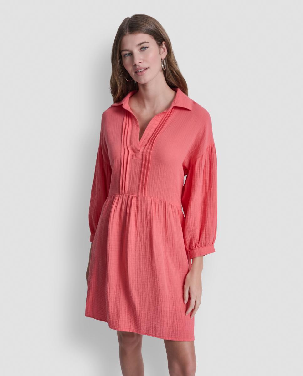 Vestido de Manga em Balão Comprida Coral-4