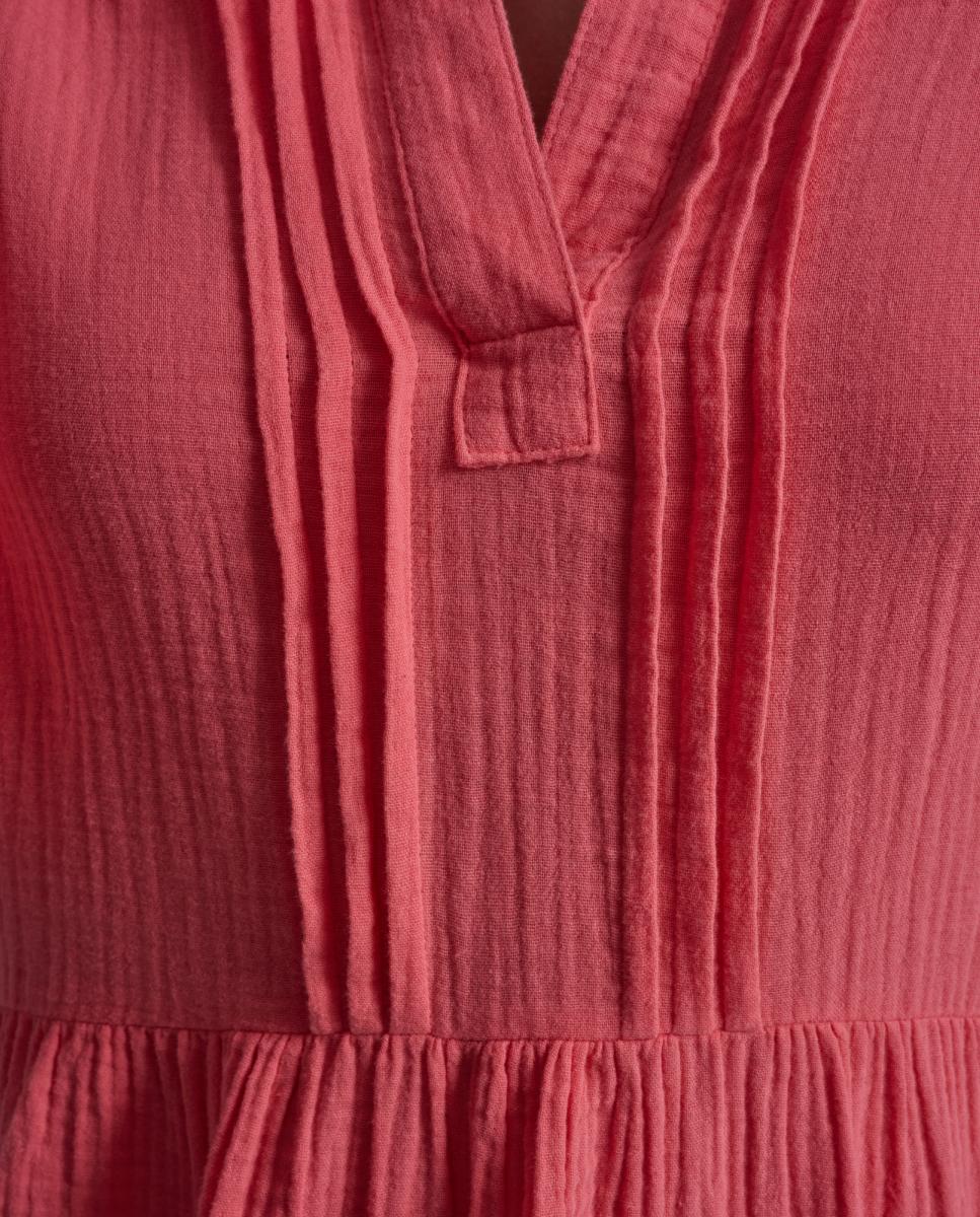 Vestido de Manga em Balão Comprida Coral-5