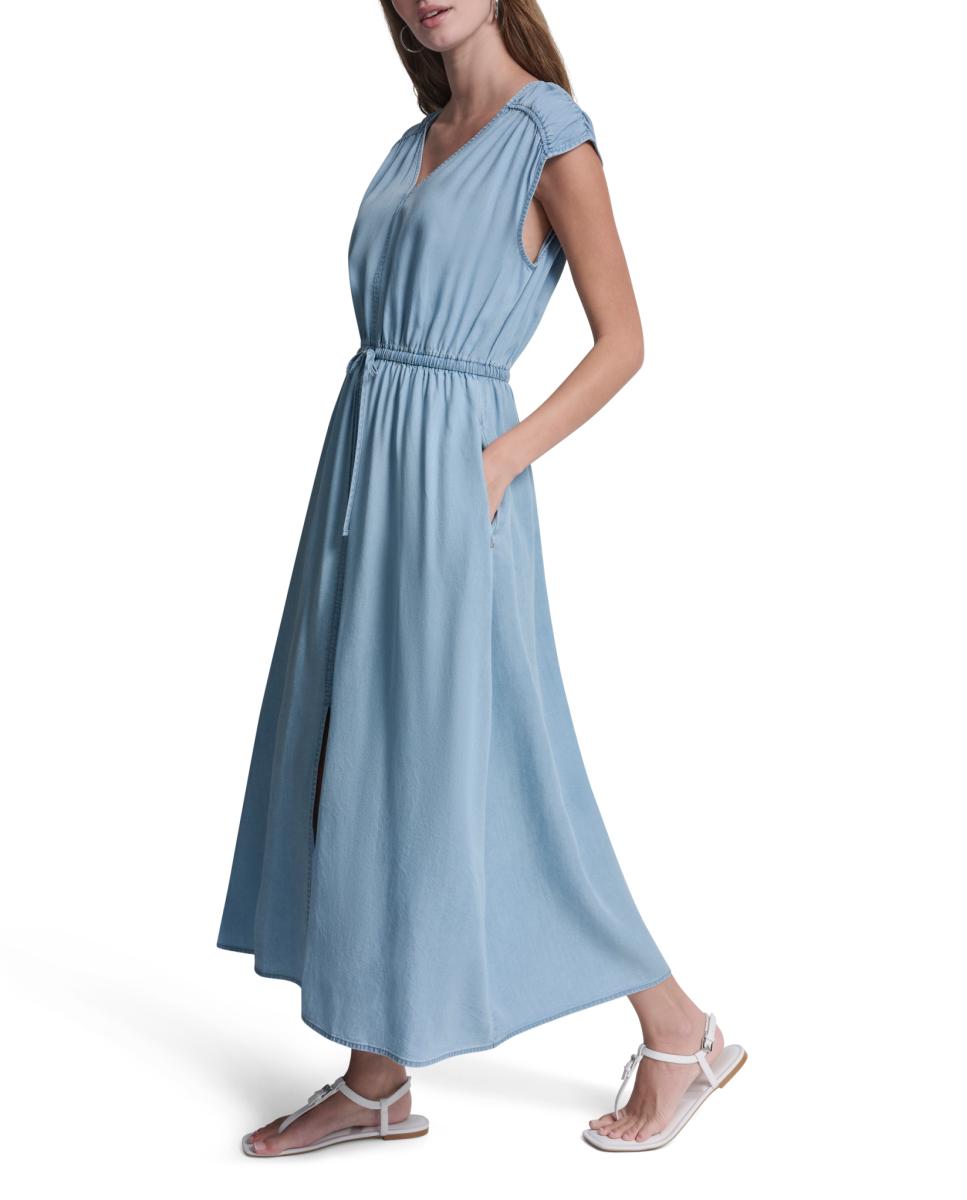 Vestido Comprido de Ganga Azul-claro-5