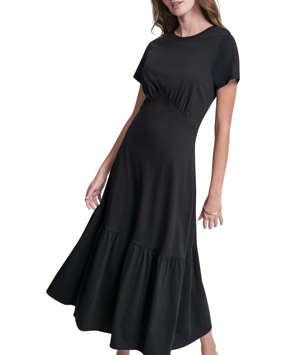 Vestido comprido de manga curta Preto-3
