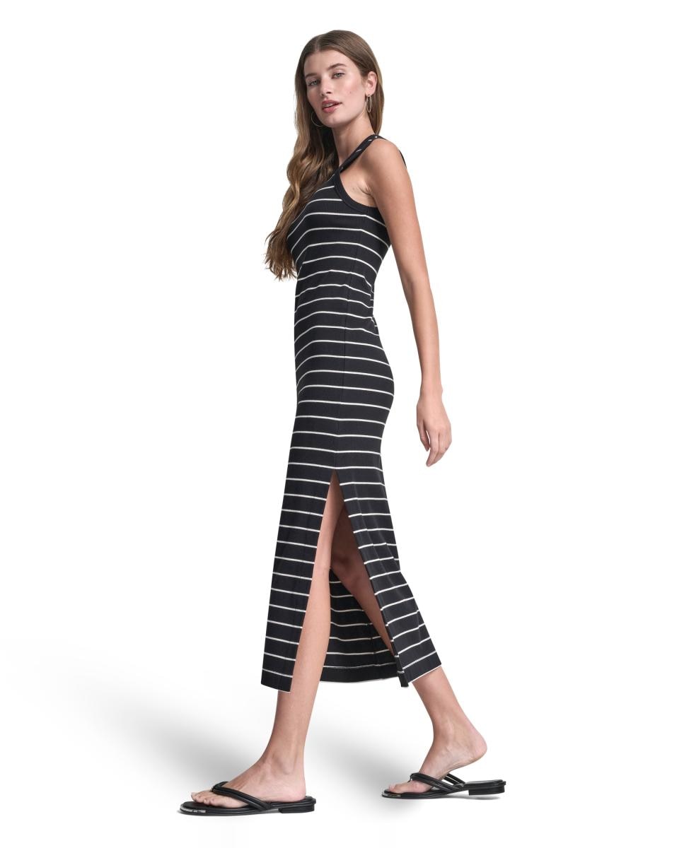 Vestido às riscas sem mangas Preto-3
