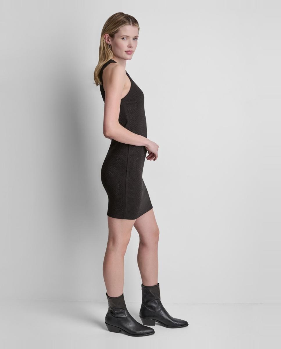 Vestido Curto de Malha sem Mangas e com Decote Redondo Preto-5