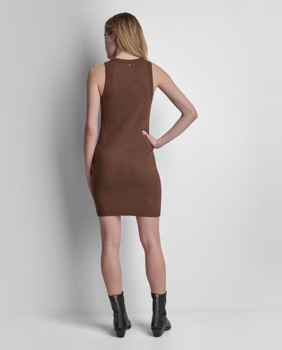 Vestido Curto de Malha sem Mangas e com Decote Redondo Castanho-escuro-2