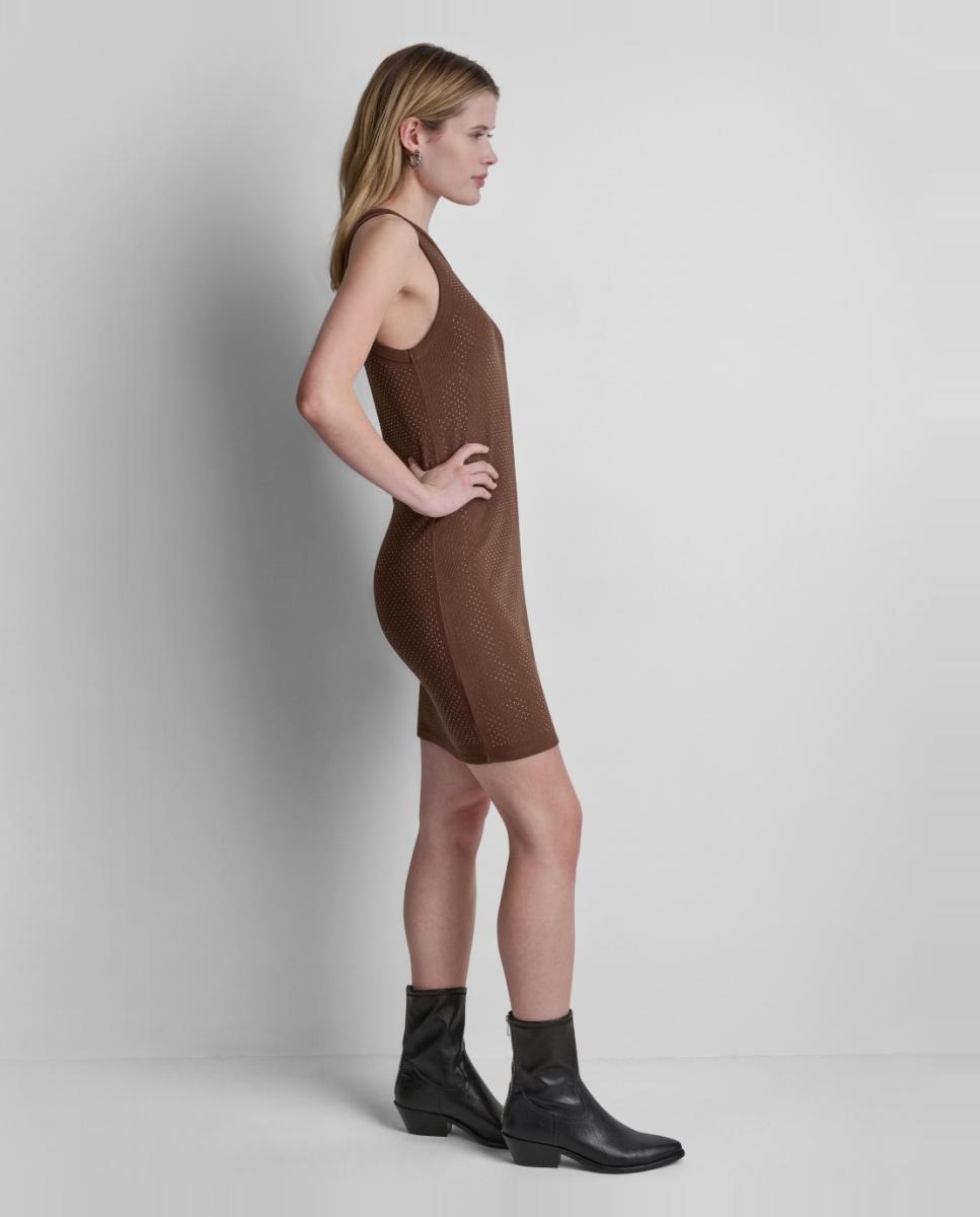 Vestido Curto de Malha sem Mangas e com Decote Redondo Castanho-escuro-3