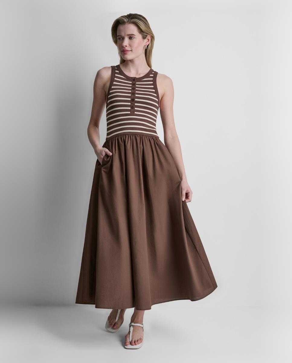 Imagem 0 de Vestido Midi com Corpo de Malha e Saia de Popelina