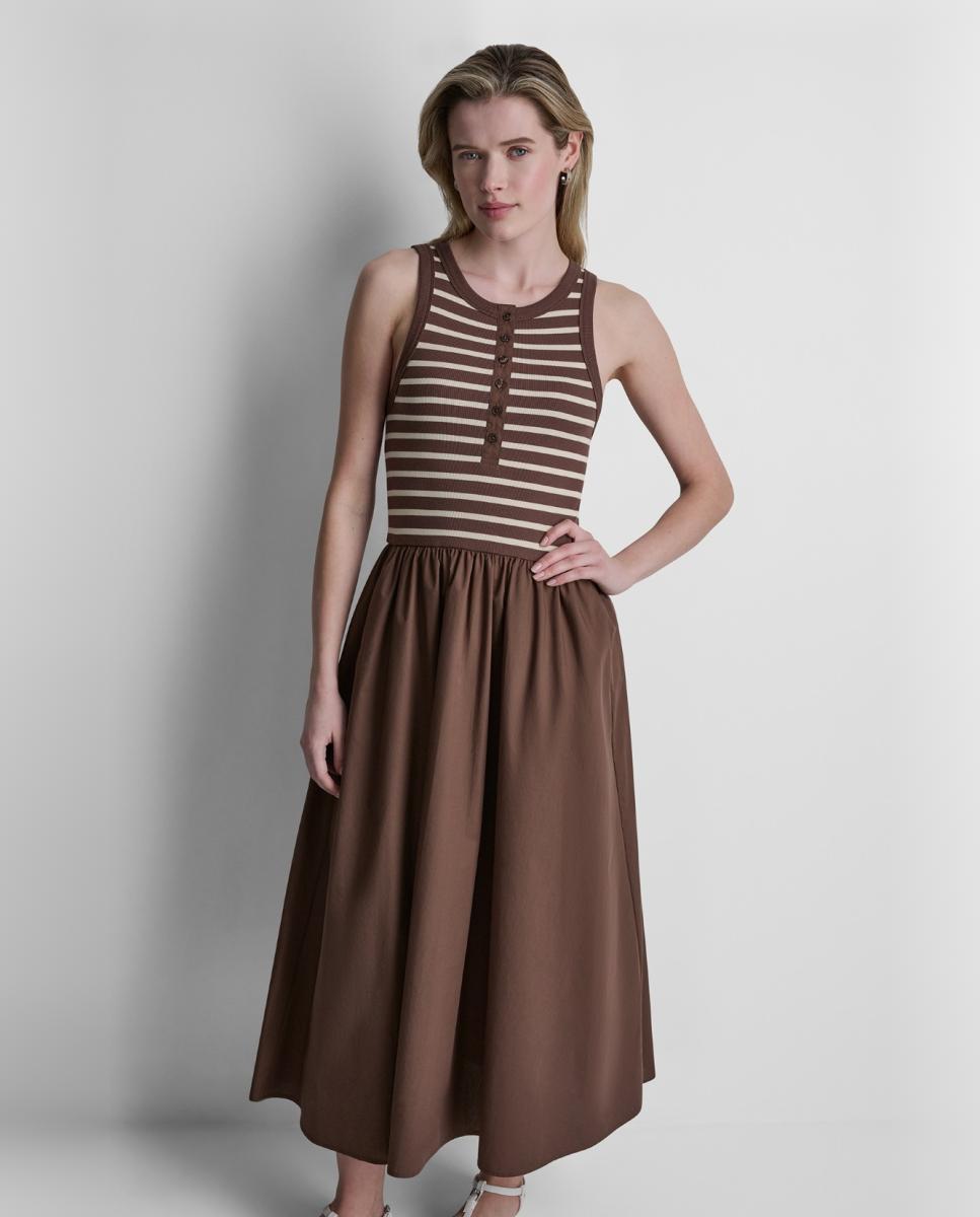 Vestido Midi com Corpo de Malha e Saia de Popelina Multicolor-4