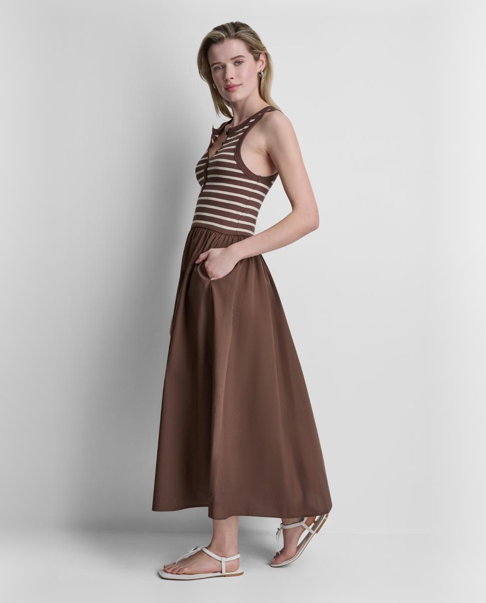 Vestido Midi com Corpo de Malha e Saia de Popelina Multicolor-5