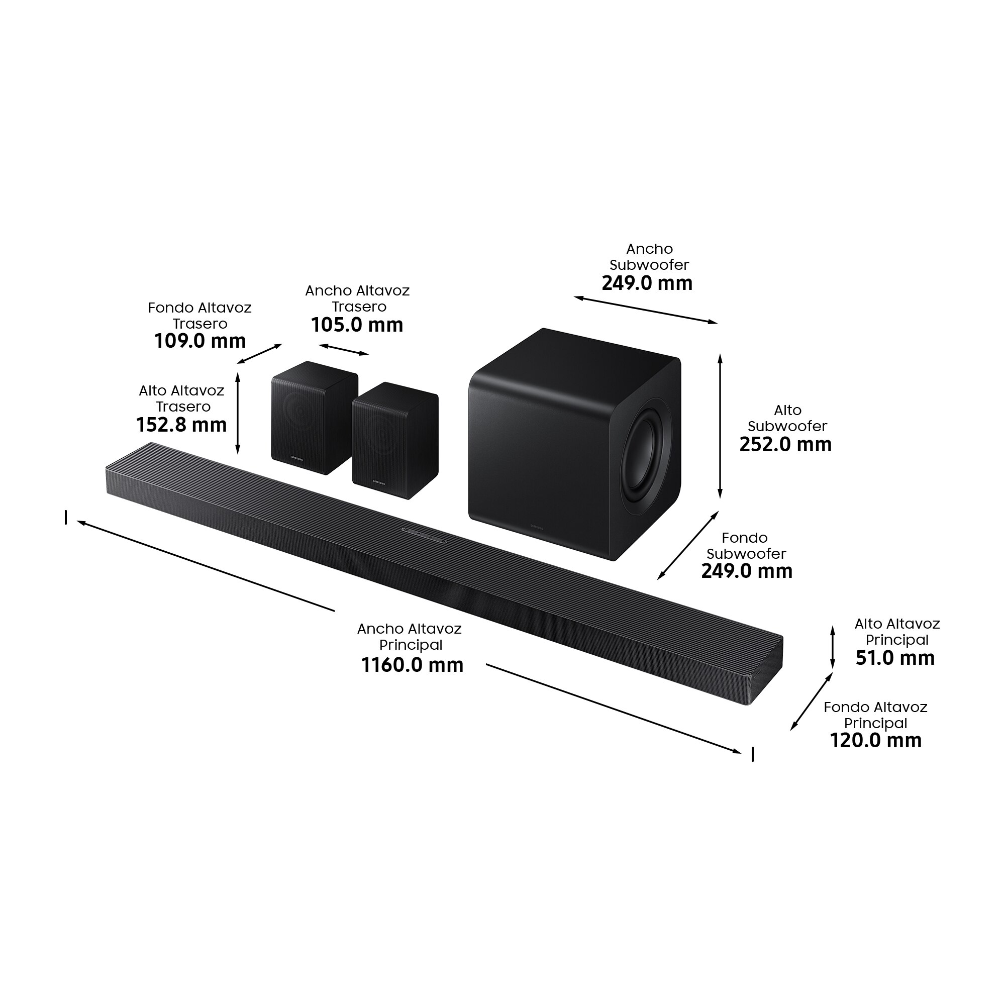 Barra de sonido Samsung 2025 HW-QS750F, Dolby Atmos y DTS Virtual: X, Q-Symphony, 5.1.2 con 9 altavoces, 465W, Subwoofer inalámbrico 6.5" 160W, Wi-Fi (Reacondicionado Grado D) - Negro titanium Negro titanium-2