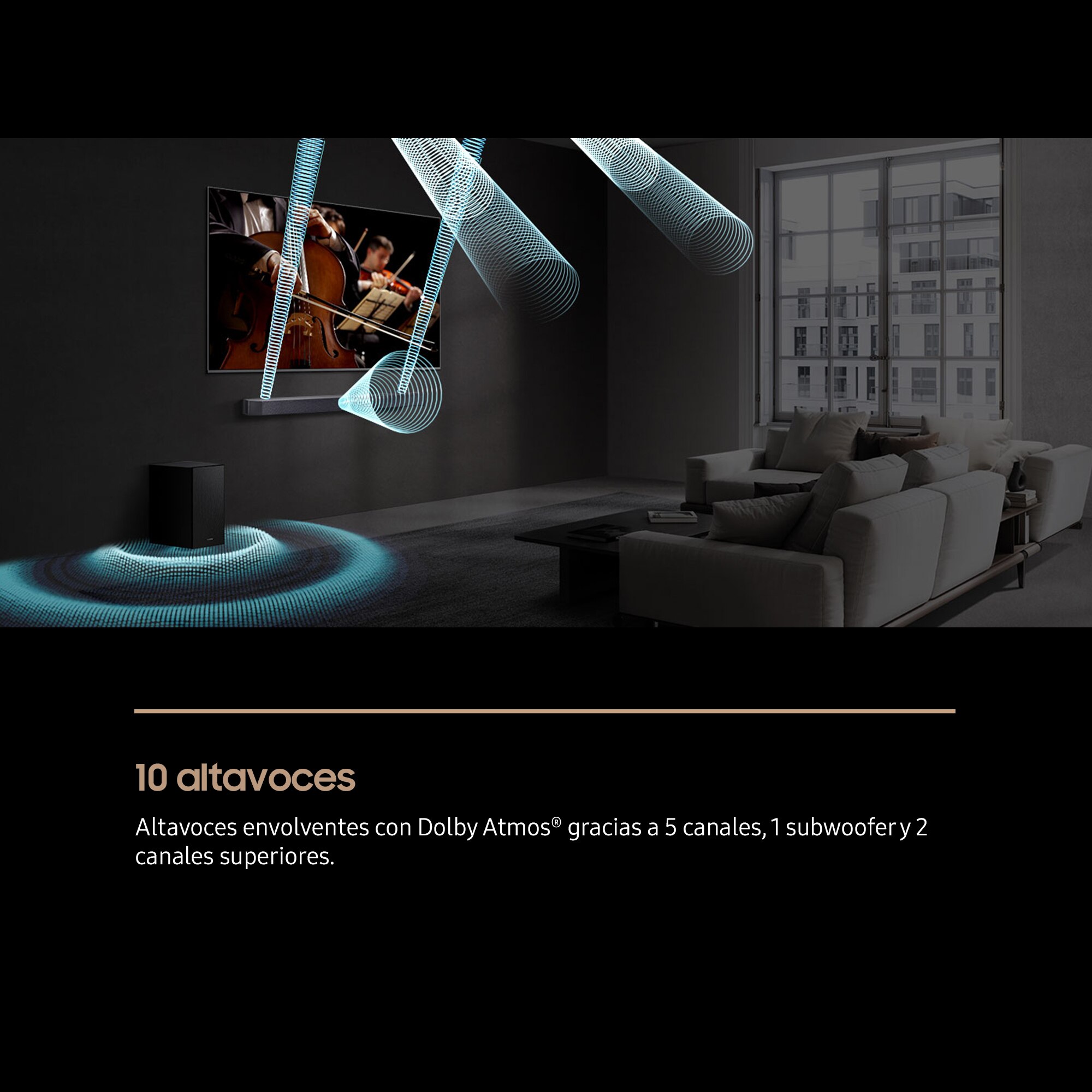 Barra de sonido Samsung 2025 HW-QS750F, Dolby Atmos y DTS Virtual: X, Q-Symphony, 5.1.2 con 9 altavoces, 465W, Subwoofer inalámbrico 6.5" 160W, Wi-Fi (Reacondicionado Grado D) - Negro titanium Negro titanium-4