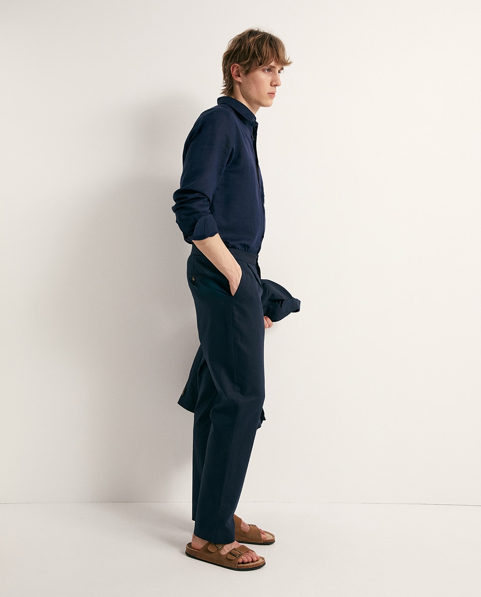 Calças Formais de Linho Azul-marinho-3