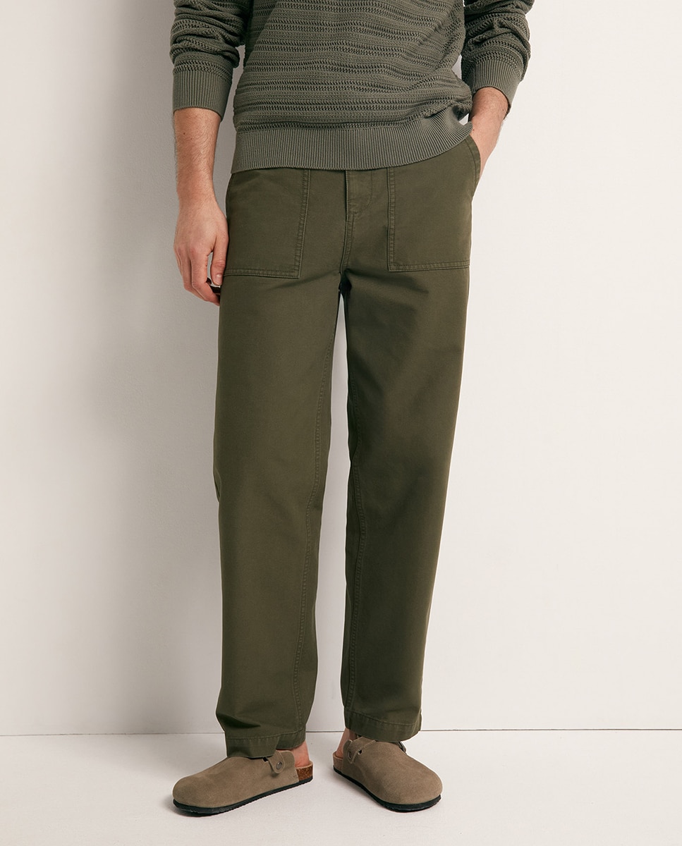 Calças regular de algodão Caqui-2
