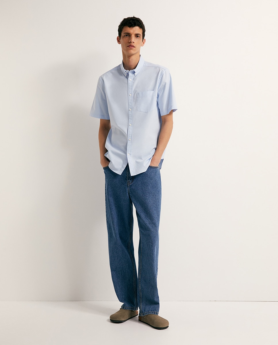 Camisa de Manga Curta Oxford Azul-claro-2
