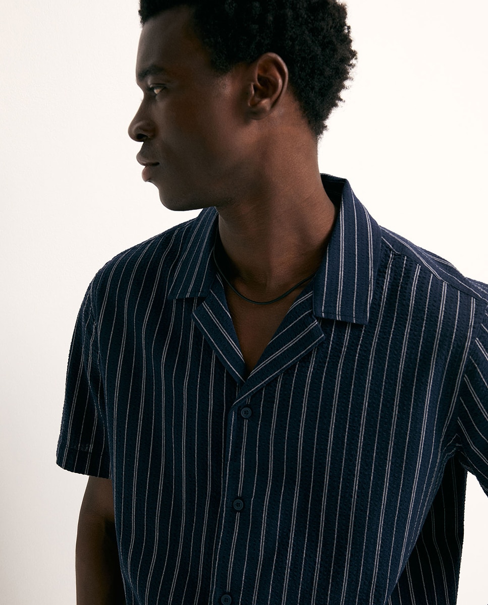 Camisa de Seersucker às Riscas Azul-marinho-5