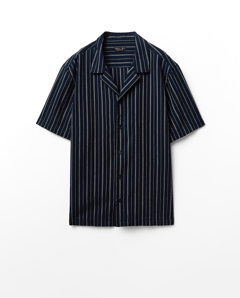 Camisa de Seersucker às Riscas Azul-marinho-10