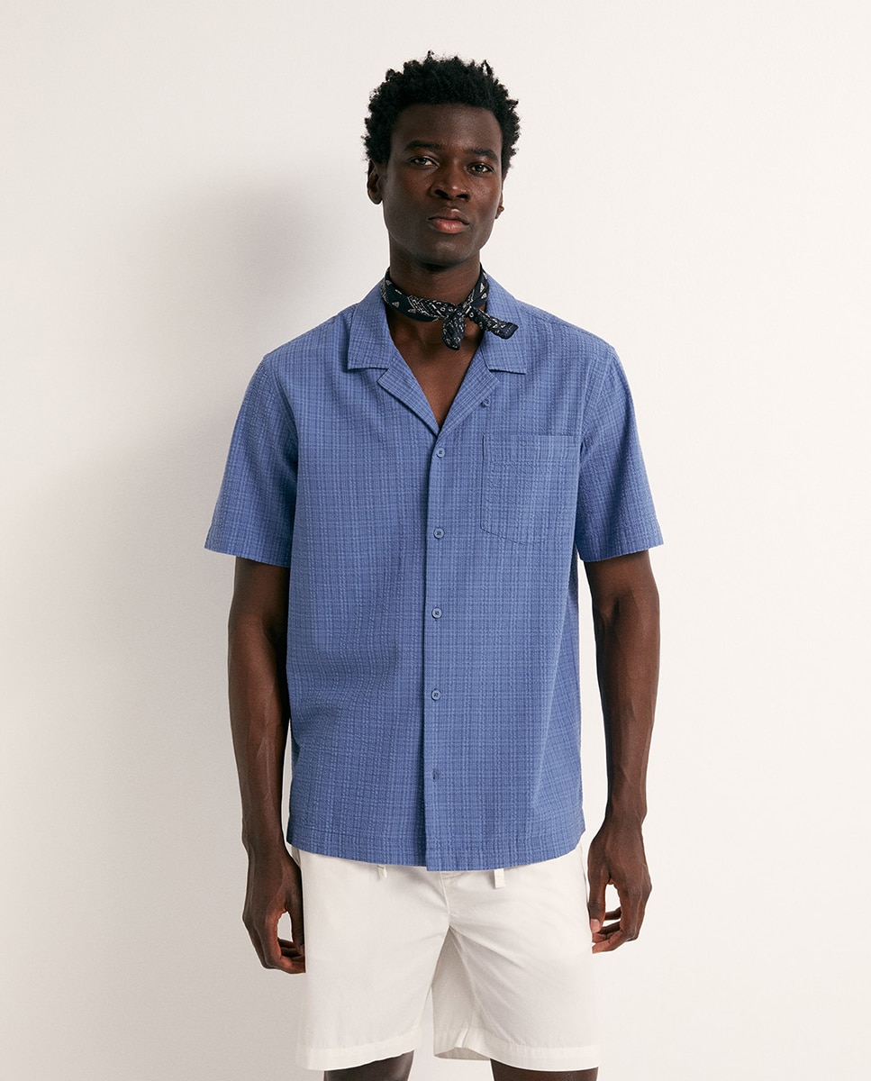 Camisa Seersucker aos Quadrados Azul-2