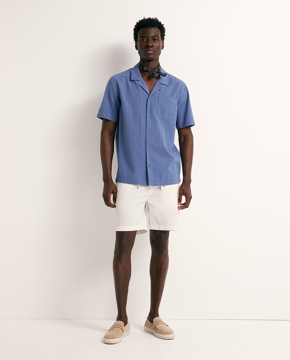 Camisa Seersucker aos Quadrados Azul-3