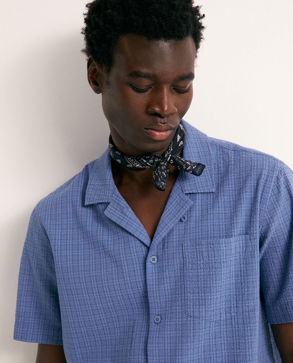 Camisa Seersucker aos Quadrados Azul-4