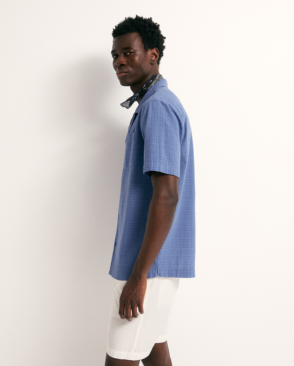 Camisa Seersucker aos Quadrados Azul-5