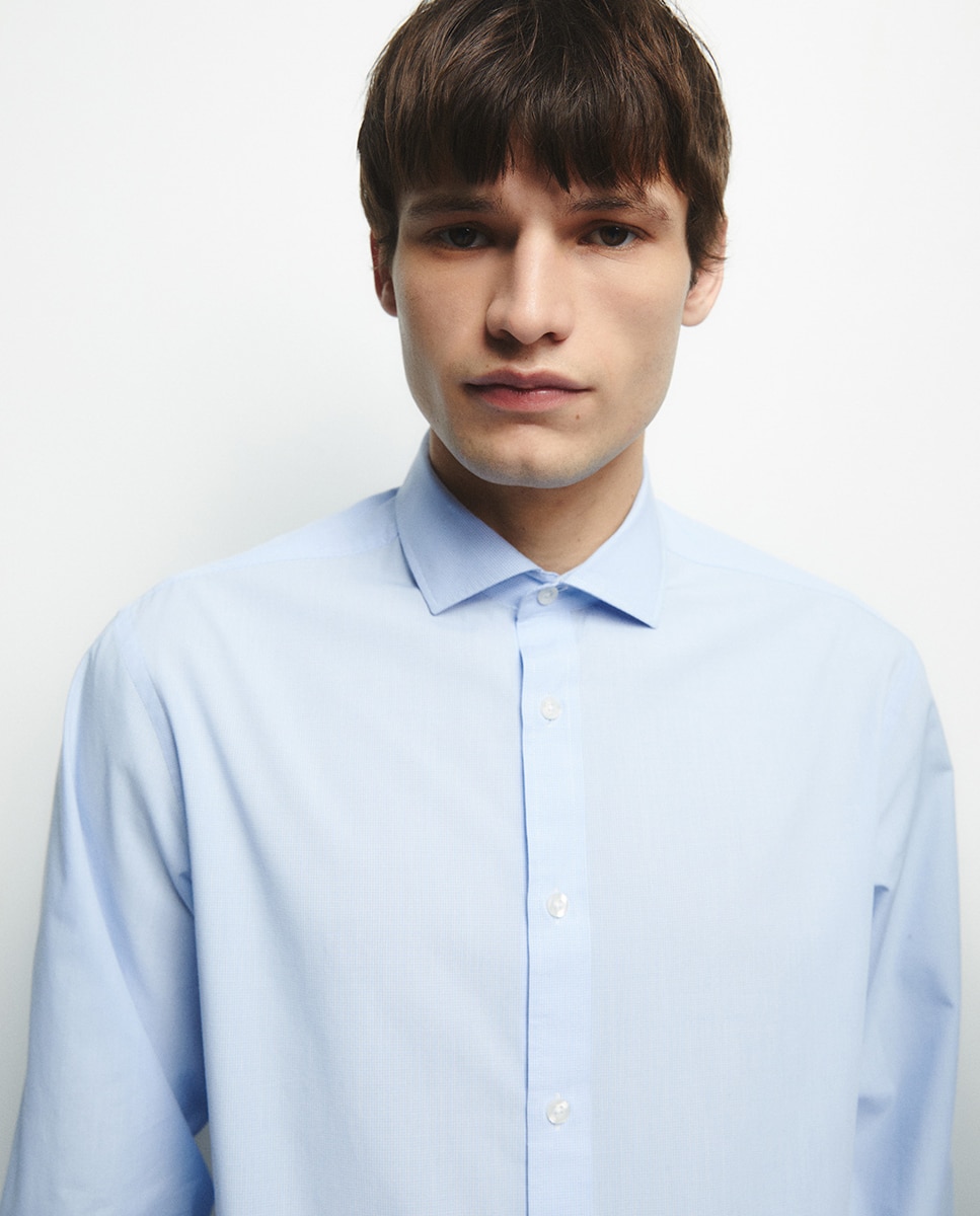 Camisa Regular aos Micro Quadrados Azul-3