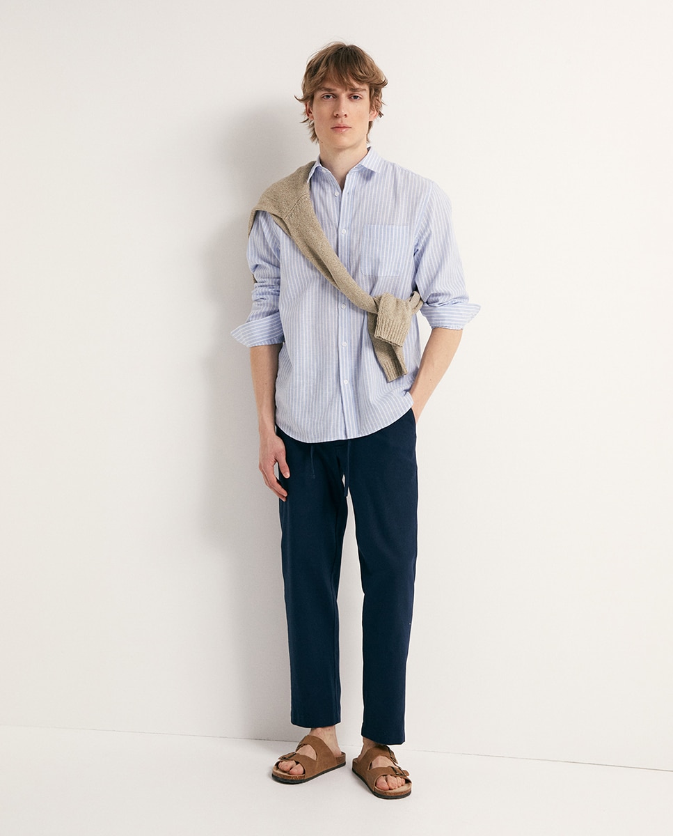 Camisa às Riscas de Linho Azul-3