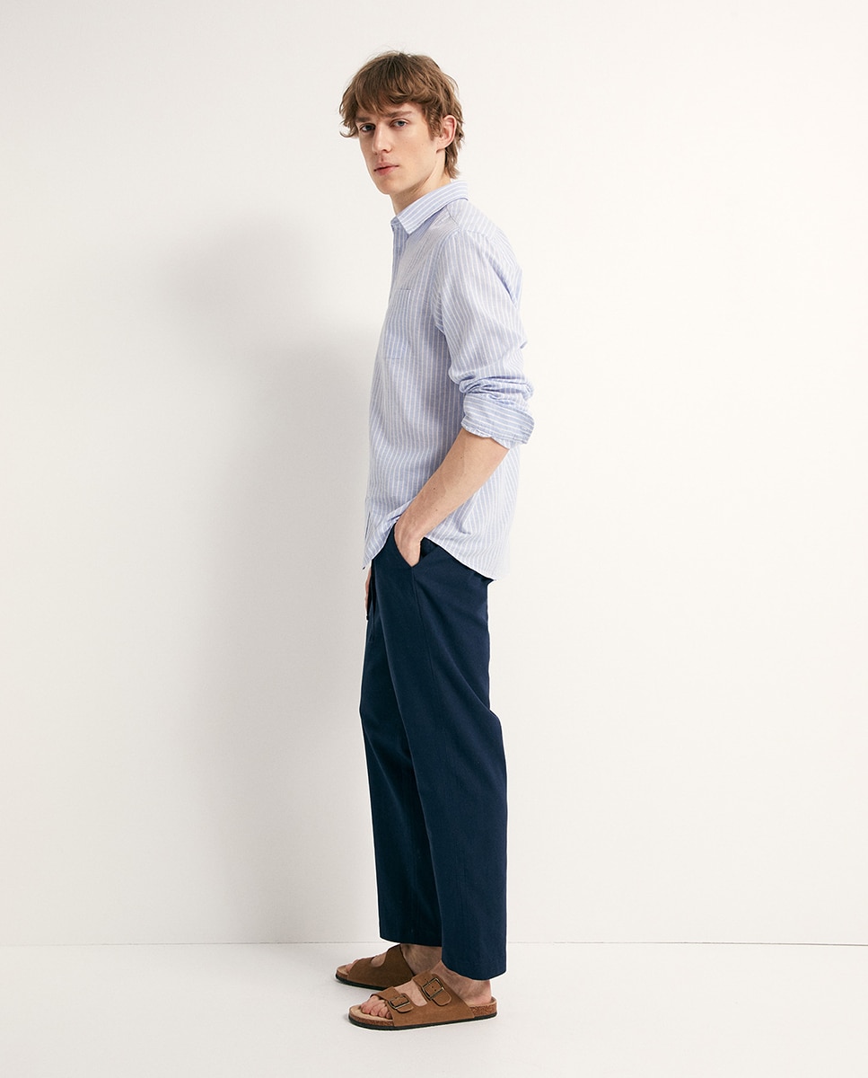 Camisa às Riscas de Linho Azul-5