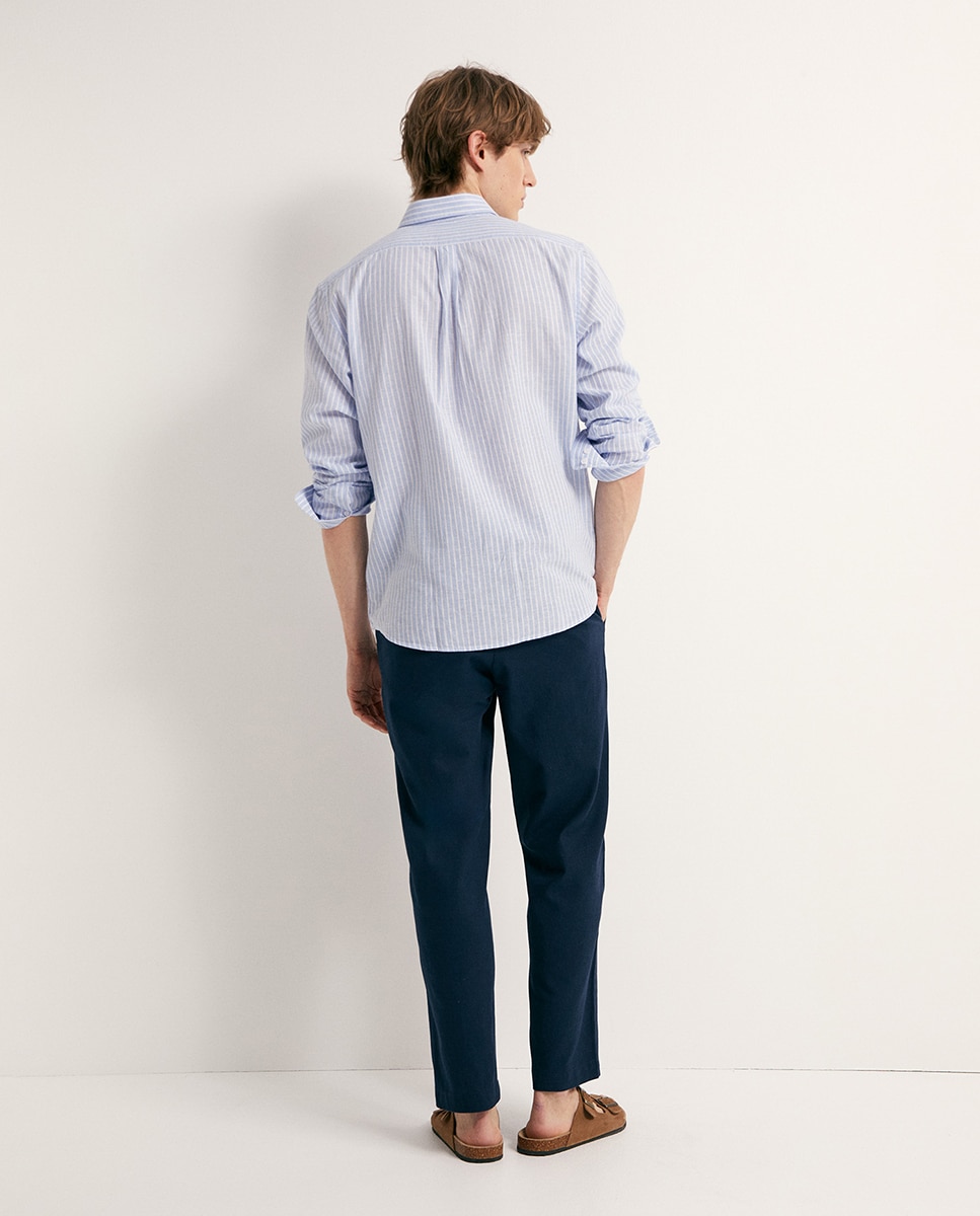 Camisa às Riscas de Linho Azul-6
