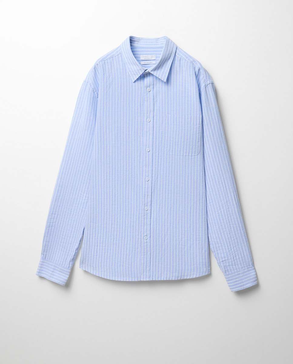 Camisa às Riscas de Linho Azul-7