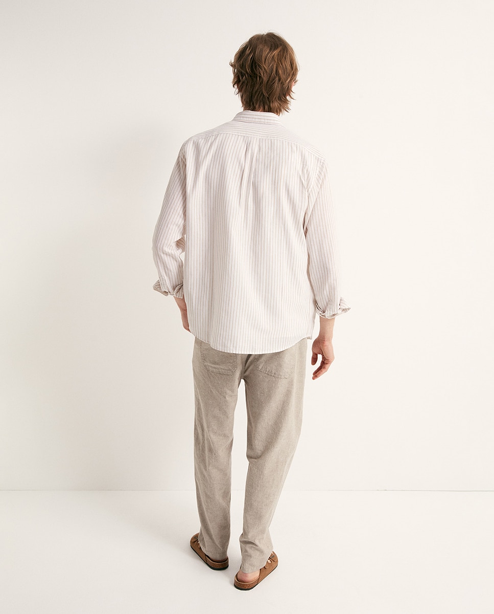 Camisa às Riscas de Linho Castanho-6