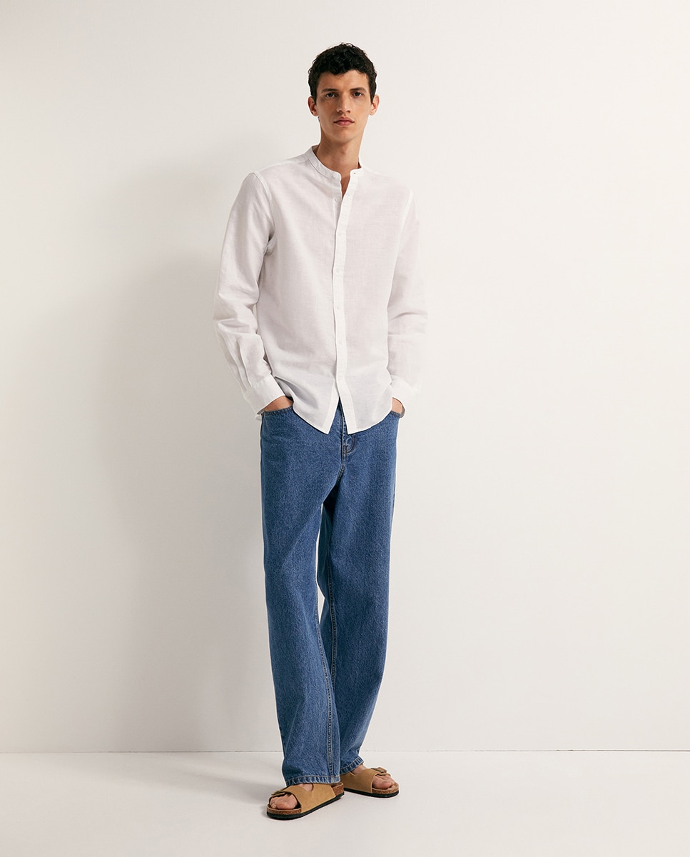 Camisa de Linho com Gola à Padre Branco-3