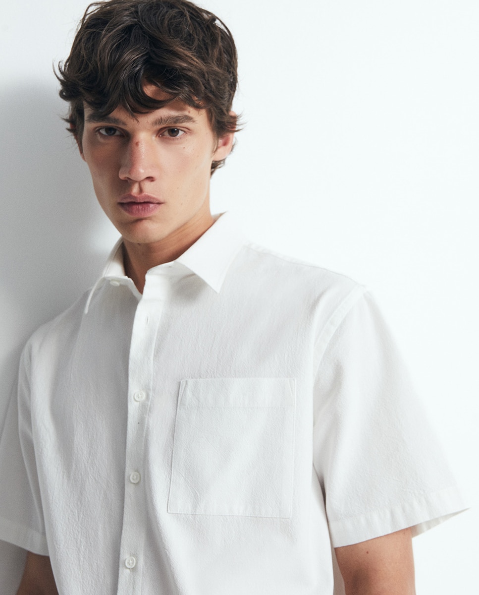 Camisa Regular aos Micro Quadrados 120 Cru-7