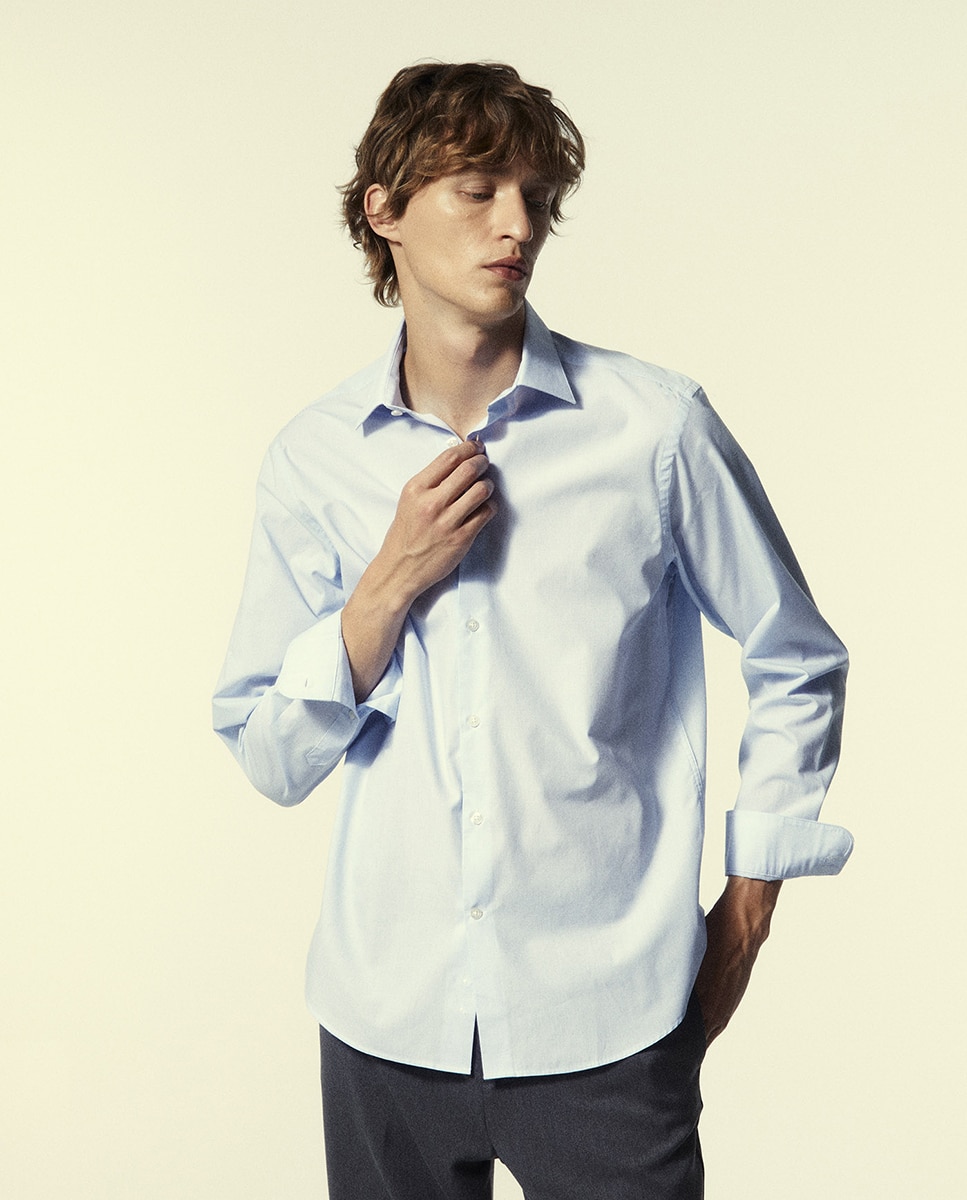 Camisa Slim aos Micro Quadrados 410 Azul Claro-1